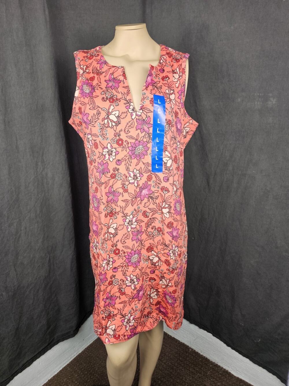 NWT Lands' End Cotton Jersey Shift Dress Sleeveless Notch V-Neck Pocket L 14/16